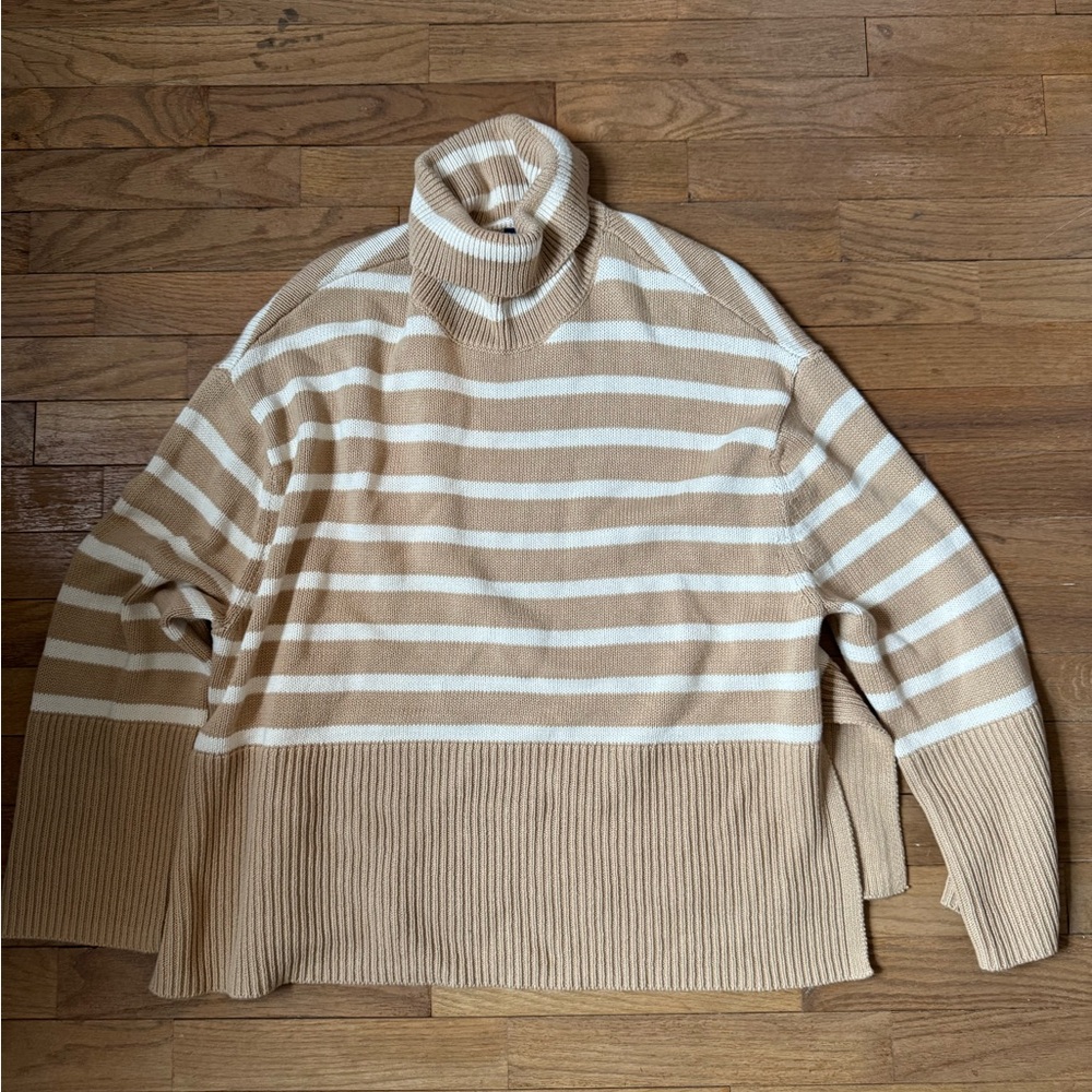 Striped Turtleneck Sweater - Beige and White